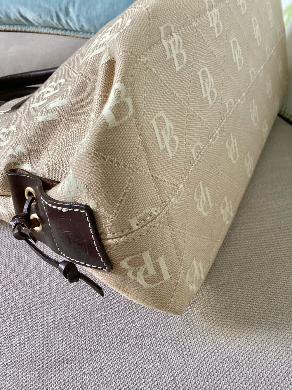 Dooney & Bourke Beige Logo Satchel with Dark Brown Trim - Picture 6 of 13